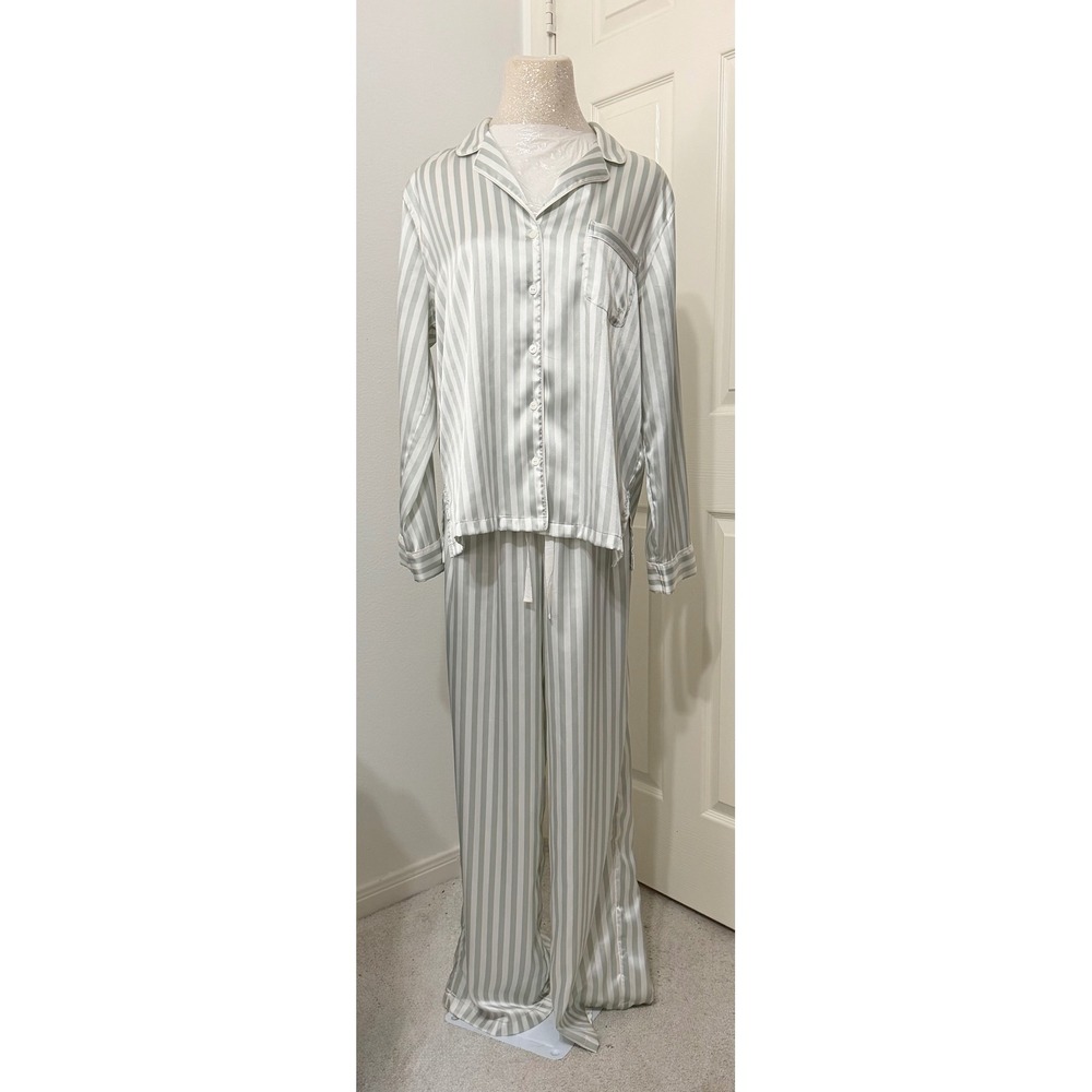 Victoria's Secret sz S Satin Pajama Set Sage Green White Striped Button Down